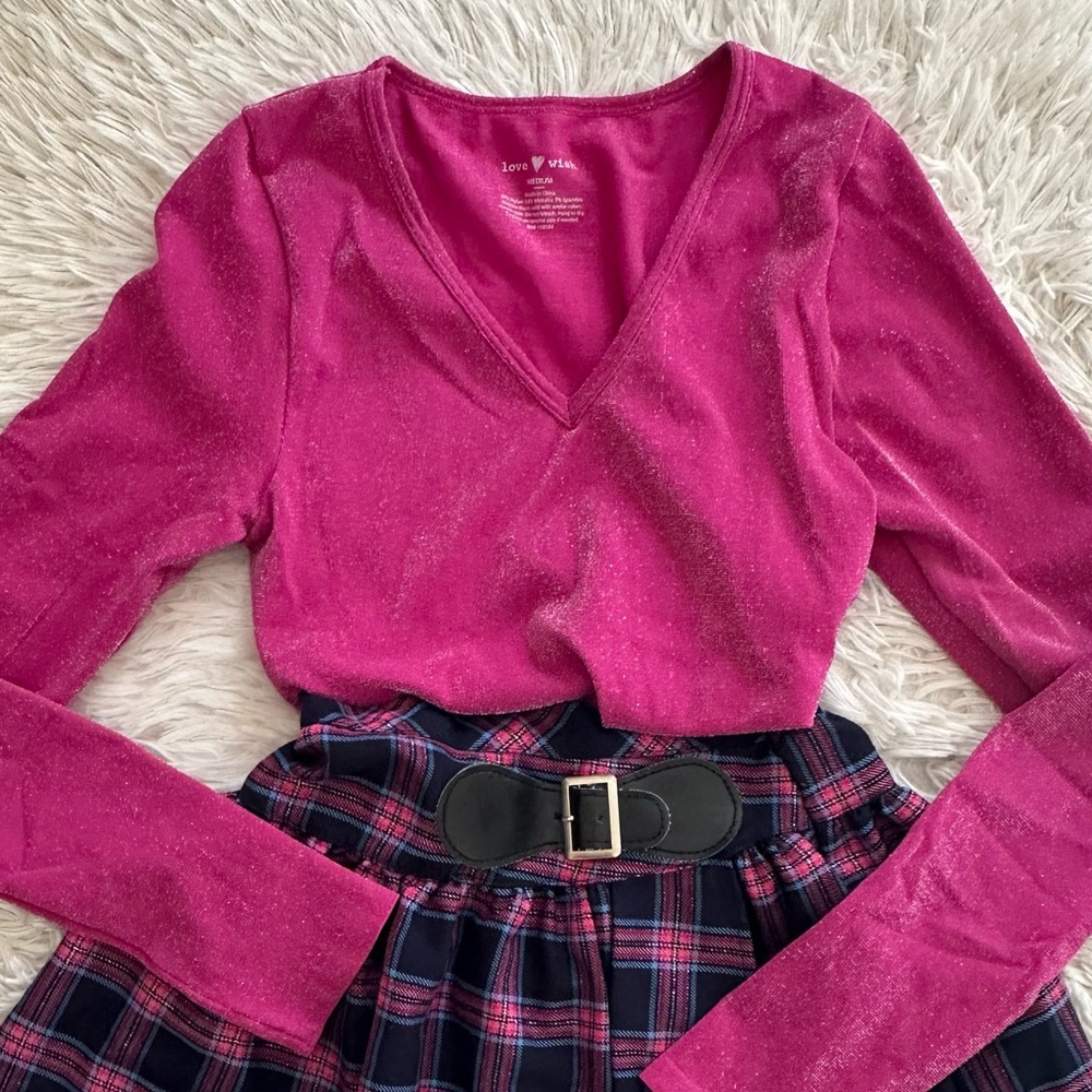 LOVE WISH Girls Long Sleeve Barbie Pink Glitter V-Neck Holiday Top Size M